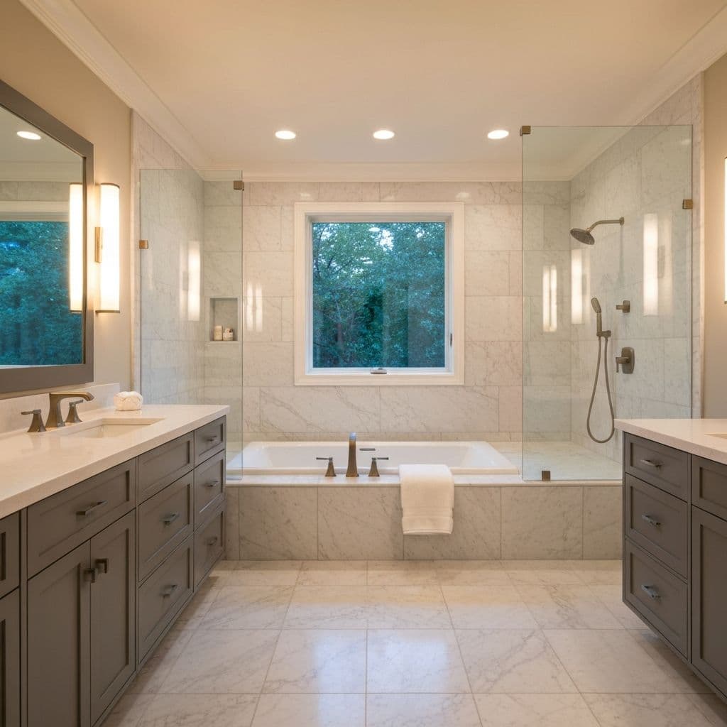 Spa-inspired master bathroom transformation with marble finishes & freestanding tub. 🛁