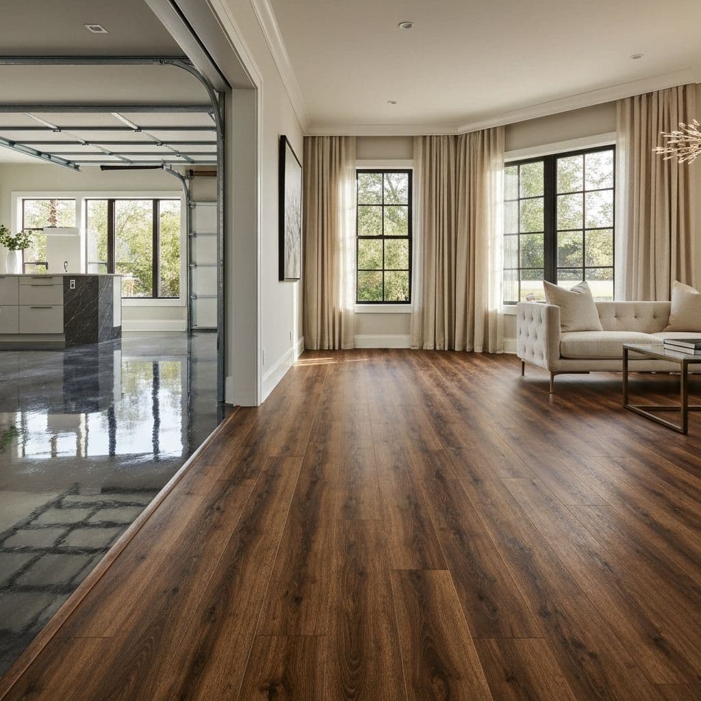 Precision luxury vinyl plank installation throughout open-concept living space. 🪵